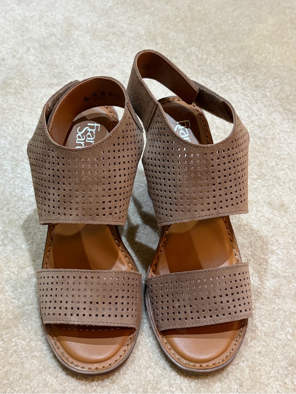 Franco Sarto Taupe Perforated Two-Strap Sandals